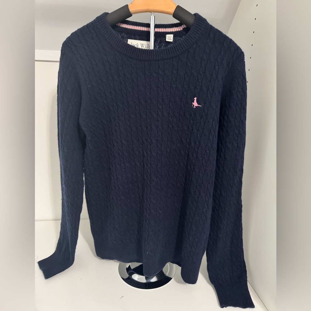 Jack Wills Navy Cable Knit Pure Merino Wool Sweater with Pink‎ Accent